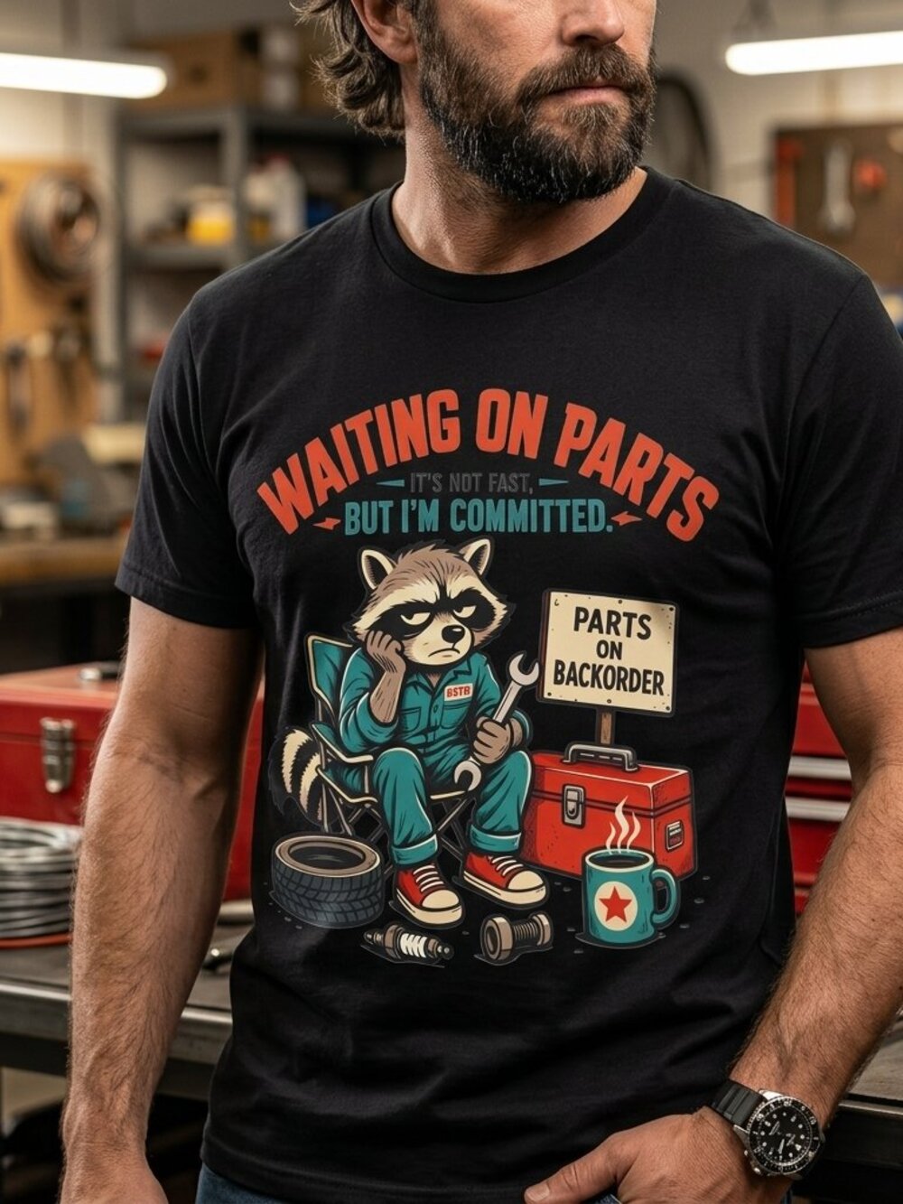 Raccoon Mechanic Tee • Funny Trash Panda Graphic • Auto Repair Humor Shirt